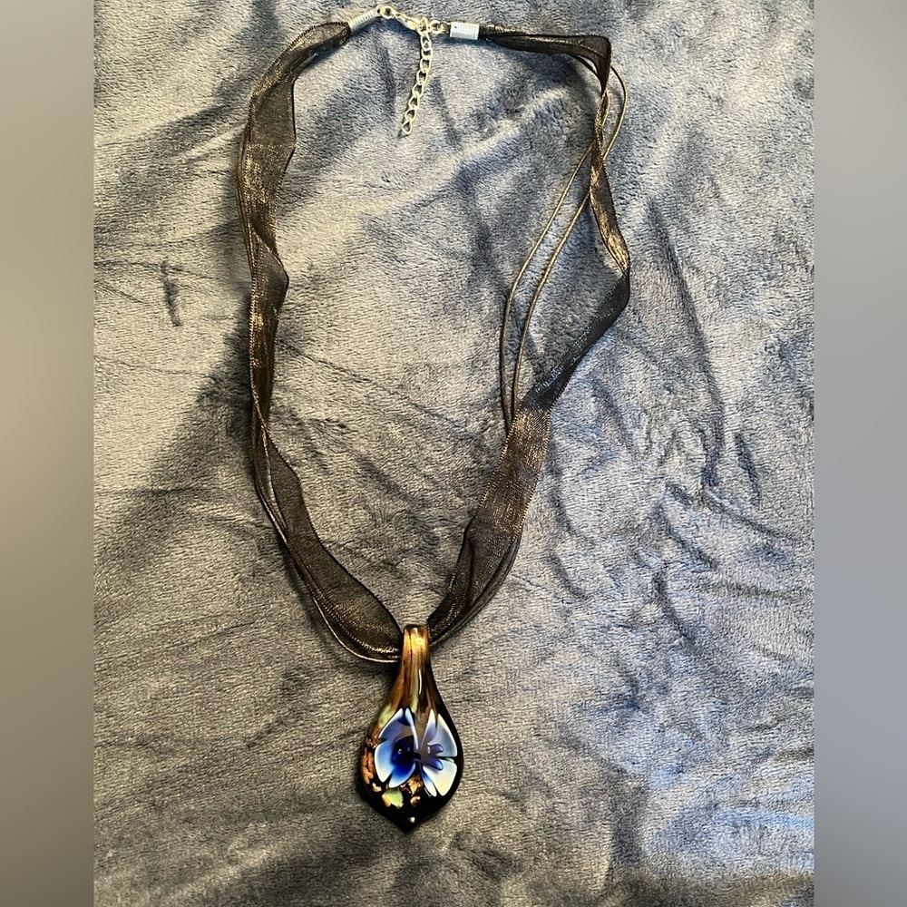 Necklace/black ribbon and cord, glass pendant, silver, lobster, clasp, N…